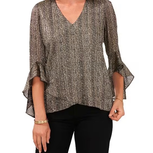 Vince Camuto Shimmer Foil Double Layer Hem Blouse. NWT. Size M. Rich Black. New! - Picture 3 of 8